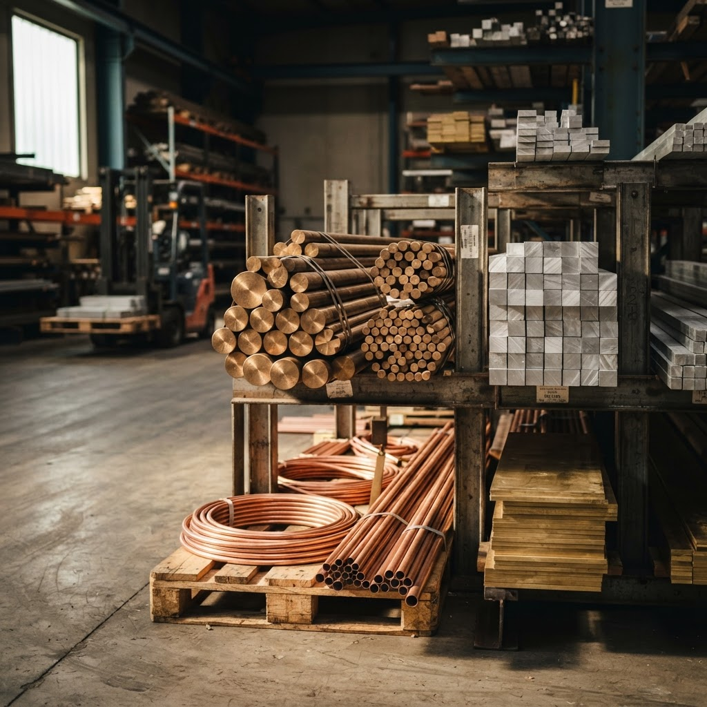 Barras y perfiles de bronce, aluminio, cobre y latón apilados en almacén